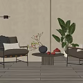 Modern Living Room Featuring Leather Armchairs Coffee Table Floor Lamp And Green Plants
