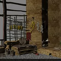 Courtyard Garden With Stone Wall Wooden Frame Hanging Bananas Garlic Chilies And Stone Bench