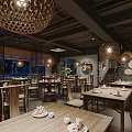 Traditional Restaurant Interior With Wooden Tables Chairs And Ornate Hanging Pendant Lights