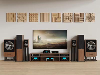 Home Theater Stereo System With Large Speakers TV And Wooden Wall Panels 3d model