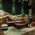 Elegant Hotel Lobby with Red Reception Desk Marble Floor Decorative Trees and Lighting