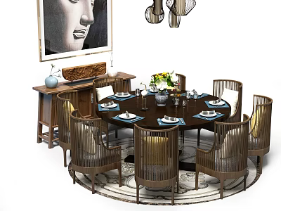 Chinese Style Dining Table Set With Round Wooden Table Chairs Decorative Painting And Pendant Lights 3d model