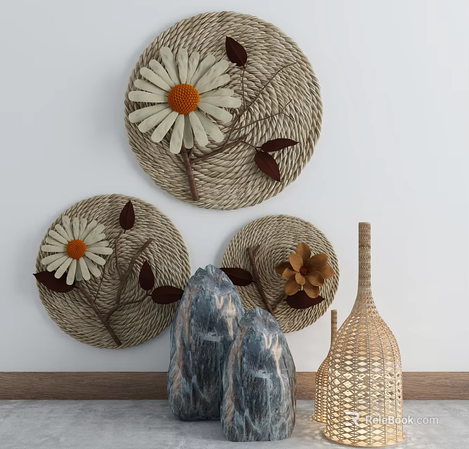 Woven Circular Wall Hangings with White Daisy Flowers and Brown Leaves for Natural Home Decor 3d model 