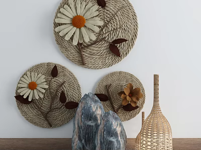 Woven Circular Wall Hangings with White Daisy Flowers and Brown Leaves for Natural Home Decor 3d model