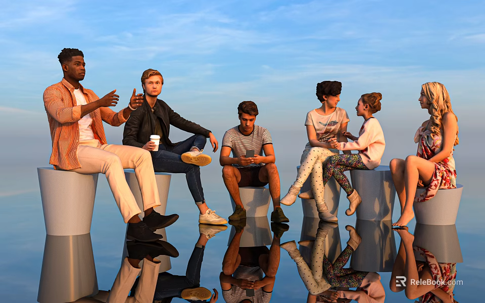 Group of Friends Sitting on Elevated Platforms With Blue Sky and Reflective Surface 3d model 
