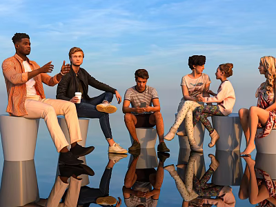 Group of Friends Sitting on Elevated Platforms With Blue Sky and Reflective Surface 3d model