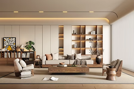 Qui Ji Living Room Sofa Combination Three-person Sofa Solid Wood Sofa Solid Wood Coffee Table Leisure Chair Bookcase 3d model