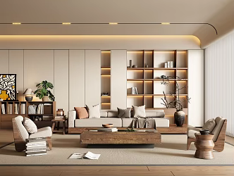 Qui Ji Living Room Sofa Combination Three-person Sofa Solid Wood Sofa Solid Wood Coffee Table Leisure Chair Bookcase 3d model