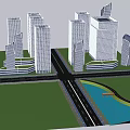 Municipal Road With Green Trees High Rise Buildings Pedestrians Vehicles And Safety Barriers