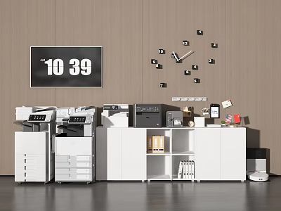 Essential Office Appliances Including Printers Copiers Storage Cabinets in Organized Office With Digital Wall Clock 3d model