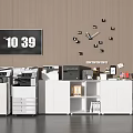 Essential Office Appliances Including Printers Copiers Storage Cabinets in Organized Office With Digital Wall Clock