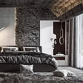 Modern Bedroom Interior With Comfortable Bed Wooden Wall Stone Texture Portrait Painting And Soft Carpet