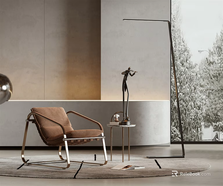 Modern Brown Leisure Chair With Metal Frame And Small Round Table Floor Lamp 3d model 