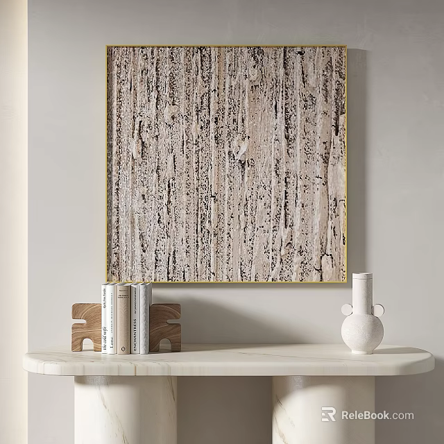 Abstract Textured Painting In Gold Frame Above Marble Table With Books And White Vase Decoration 3d model 