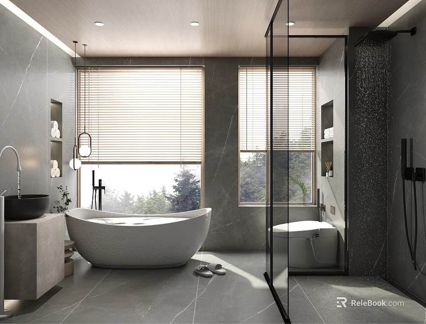 Modern Elegant Grey Marble Bathroom With Freestanding Tub And Glass Shower Enclosure Featuring Natural Lighting 3d model 
