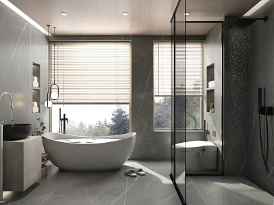 Modern Elegant Grey Marble Bathroom With Freestanding Tub And Glass Shower Enclosure Featuring Natural Lighting 3d model