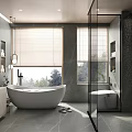 Modern Elegant Grey Marble Bathroom With Freestanding Tub And Glass Shower Enclosure Featuring Natural Lighting