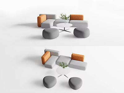 Modern Gray And Orange Sectional Sofa Set With Round Coffee Table And Ottoman Stools Design 3d model