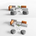 Modern Gray And Orange Sectional Sofa Set With Round Coffee Table And Ottoman Stools Design
