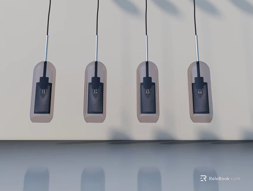 Modern Hinged Door Design In Kitchen Interior With Light Walls And Rectangular Pendant Lights 3d model