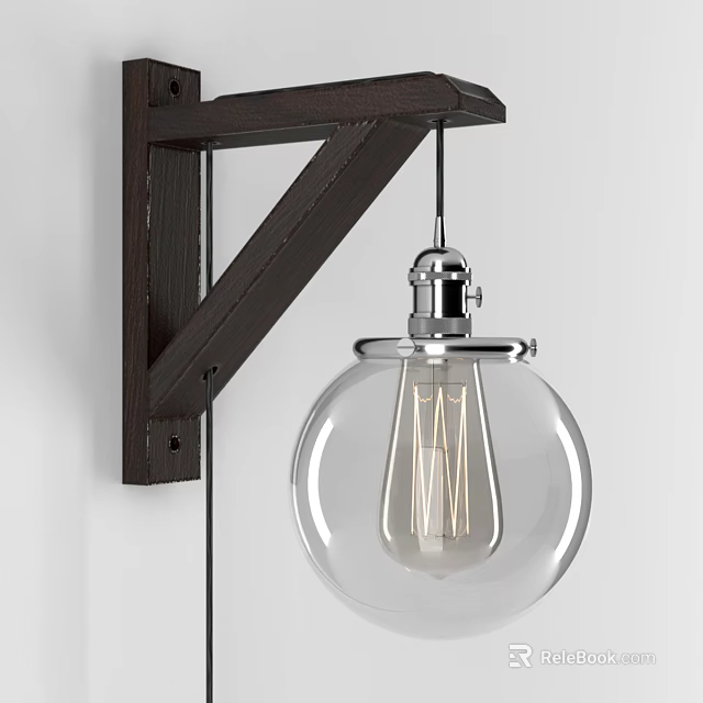 Retro Style Wall Sconce With Dark Brown Wooden Bracket And Clear Globe Bulb 3d model 
