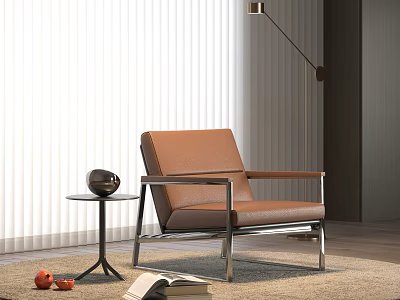 Brown Leather Lounge Chair With Metal Frame Side Table And Floor Lamp In Modern Room 3d model