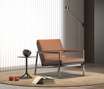 Brown Leather Lounge Chair With Metal Frame Side Table And Floor Lamp In Modern Room 3d model