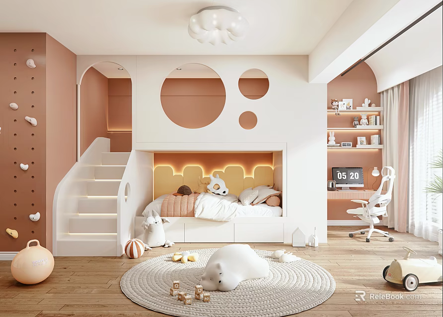 Kids Room Interior With Pink Walls Bunk Bed Staircase Round Windows Rug And Plush Toys 3d model 