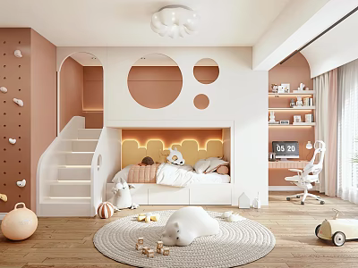 Kids Room Interior With Pink Walls Bunk Bed Staircase Round Windows Rug And Plush Toys 3d model