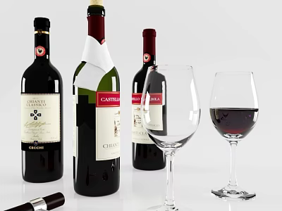 Wine Bottles and Wine Glasses with Red Wine Filled and Empty States 3d model