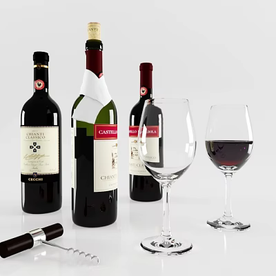Wine Bottles and Wine Glasses with Red Wine Filled and Empty States 3d model