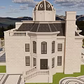 Twin Villa Exterior With Domed Roofs Stone Facade Balconies Parking Area And Mountain View