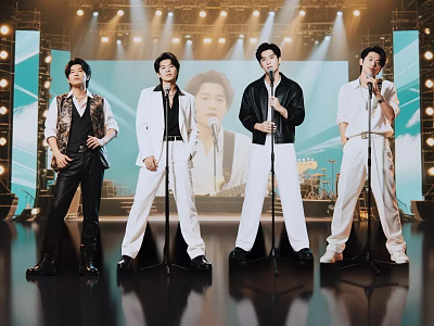 Men Performing Singing On Stage With Microphones And Bright Stage Lights 3d model