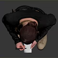 Person Wearing Brown Apron Holding Items In Gray Black Gradient Background