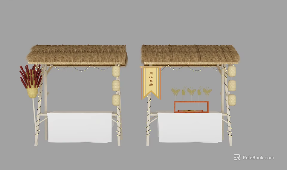Traditional Bamboo Stalls With Thatched Roof Lanterns And Decorative Banner 3d model 