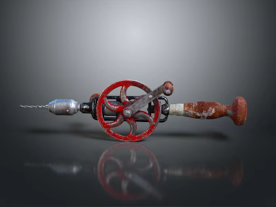 Vintage Manual Drill Tool For Household Use With Red Wheel Wooden Handle And Metal Parts 3d model