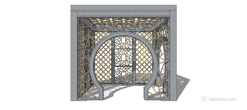 Ornate Chinese Classic Decorative Arch Structure With Golden Lattice Carvings And Frame Design 3d model 