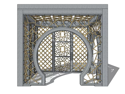 Ornate Chinese Classic Decorative Arch Structure With Golden Lattice Carvings And Frame Design 3d model