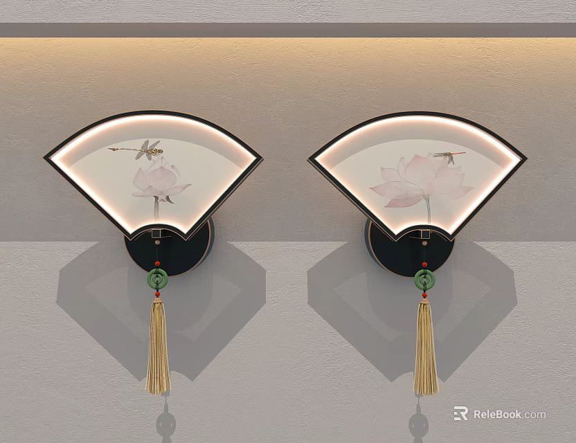Traditional Chinese Style Fan Shaped Wall Lamps With Lotus Dragonfly Patterns And Tassel Decorations 3d model 