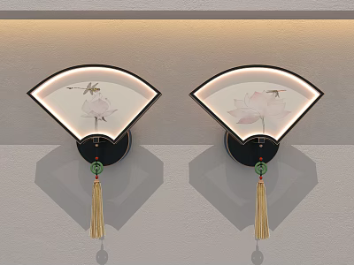Traditional Chinese Style Fan Shaped Wall Lamps With Lotus Dragonfly Patterns And Tassel Decorations 3d model