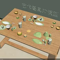 Artistic Tableware Set 3D Model With Green Yellow Pieces On Wooden Table 3d model
