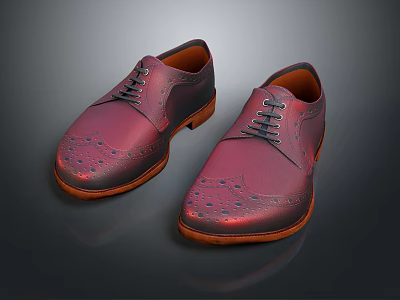Burgundy Leather Brogue Shoes Lace Up With Perforated Design And Brown Soles 3d model