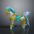 Mythical Fantasy Horse With Blue Mane Tail White Body Golden Armor And Colorful Saddle