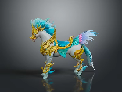 Mythical Fantasy Horse With Blue Mane Tail White Body Golden Armor And Colorful Saddle 3d model