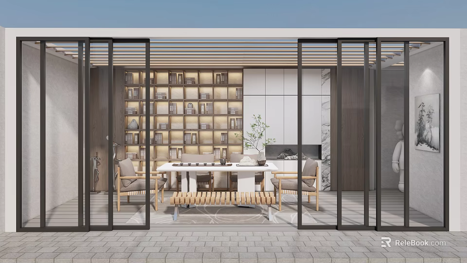 Modern Tea Room Interior Design With Glass Sliding Doors Bookshelves Tea Table And Chairs 3d model 