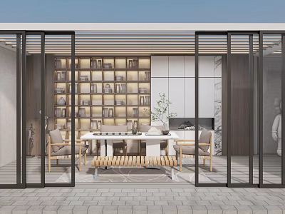 Modern Tea Room Interior Design With Glass Sliding Doors Bookshelves Tea Table And Chairs 3d model