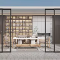 Modern Tea Room Interior Design With Glass Sliding Doors Bookshelves Tea Table And Chairs