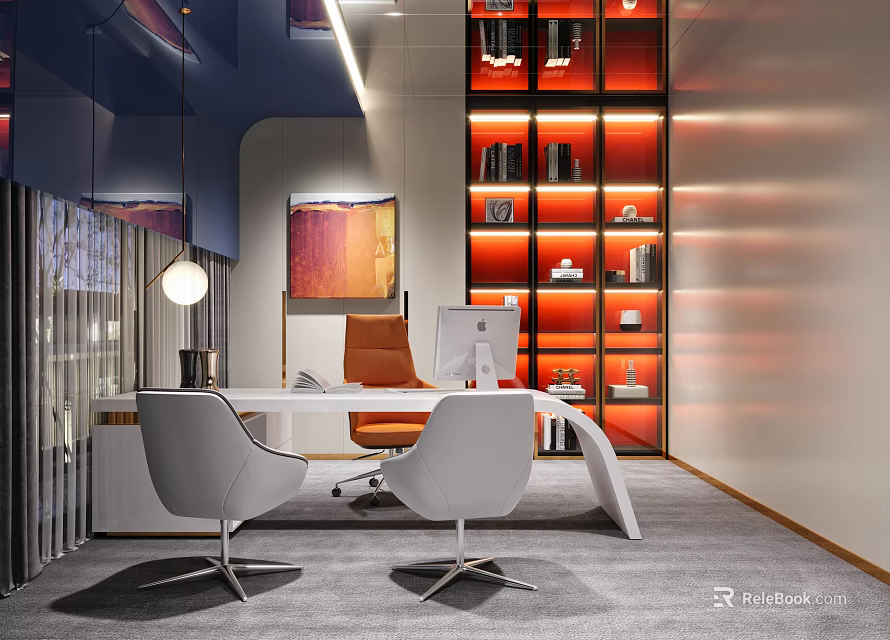 Elegant Modern Office Interior With Curved Desk White Chairs And Red Bookshelf 3d model 