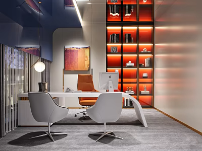 Elegant Modern Office Interior With Curved Desk White Chairs And Red Bookshelf 3d model