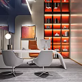 Elegant Modern Office Interior With Curved Desk White Chairs And Red Bookshelf